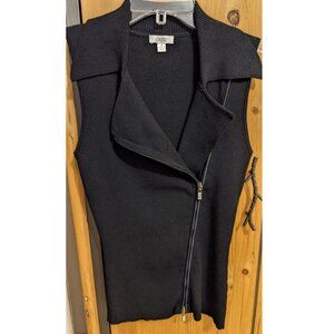 Cache Vintage Black 2 Way Diagonal Zip, Rhinestone Zip Pulls, Rib Knit Top sz M